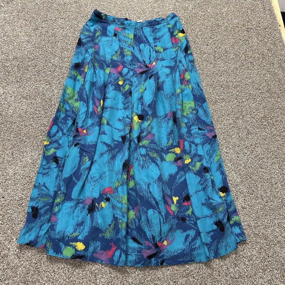 Vitnage Intentions Skirt Womens 16 Blue Floral Rayon A-Line Midi Button Zip